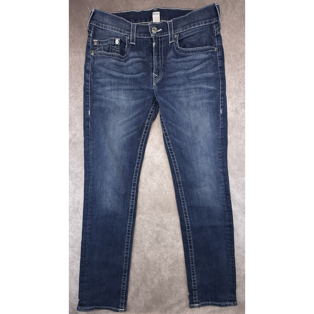 True Religion Jeans Mens 36 Slim Fit Stretch Denim Dark Blue No Flap World Tour